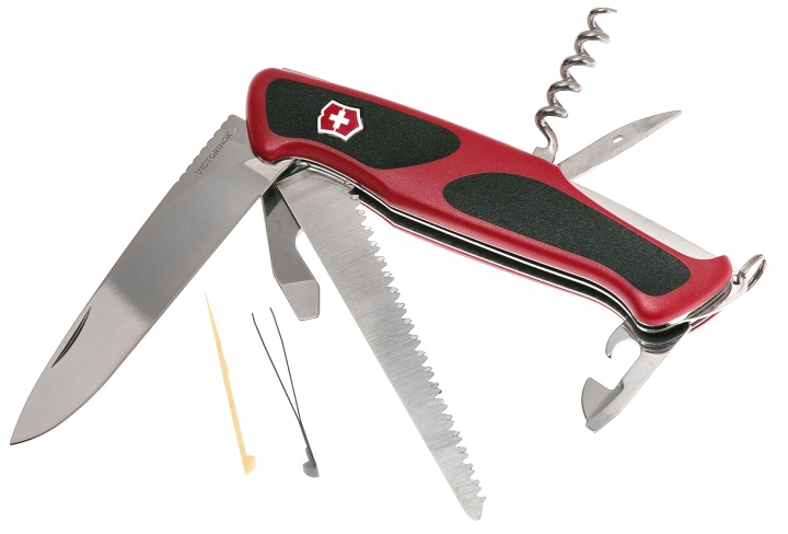 Нож Victorinox RangerGrip 55, 130 мм, 12 функций, с фиксацией лезвия, красный с черными вставками